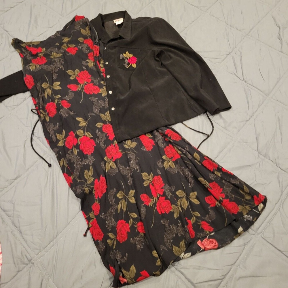 R & K Originals Womens 20W Black & Red Floral Sleeveless Dress & Jacket Set